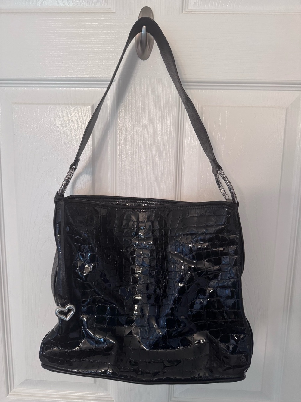 Black Patent Croc-Embossed Shoulder Bag